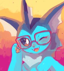  abstract_background animal_focus artist_name bright_pupils commentary_request fangs fins glasses gradient_background hatomura_miri head_fins looking_at_viewer no_humans one_eye_closed open_mouth pokemon pokemon_(creature) portrait slit_pupils smile solo straight-on teeth upper_teeth_only vaporeon white_pupils 