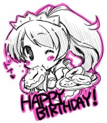  1girl bekkankou chibi chibi_only commentary_request doughnut food happy_birthday holding holding_plate idolmaster idolmaster_cinderella_girls long_hair looking_at_viewer lowres monochrome mouth_hold outline pink_outline plate ponytail shiina_noriko simple_background solo white_background 