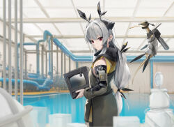  1girl absurdres antennae arknights bare_shoulders blurry closed_mouth crt depth_of_field detached_sleeves dress expressionless from_side grey_dress grey_hair highres holding long_hair long_sleeves looking_at_viewer looking_to_the_side low-tied_long_hair nighttsound pool red_eyes sidelocks solo standing television very_long_hair weedy_(arknights) 