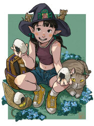  1girl animal artist_logo backpack bag bare_shoulders black_eyes black_hair blue_flower blue_shorts blush_stickers border bow cat crop_top denim denim_shorts flower food full_body grass green_bow hair_bow hat highres holding holding_food midriff nanami_tomorou navel on_ground onigiri open_mouth orange_bag original outside_border pointy_ears red_tank_top shoes short_shorts shorts sitting sleeveless sneakers socks tabby_cat tank_top teeth white_border white_socks witch_hat yellow_footwear 