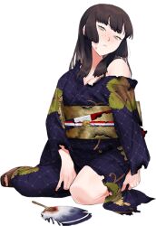  1girl brown_hair floral_print freckles full_body green_eyes japanese_clothes kantai_collection kimono long_sleeves looking_at_viewer medium_hair mogador_(kancolle) mogador_kai_(kancolle) mogador_kai_(yukata_mode)_(kancolle) obi official_alternate_costume official_art purple_kimono sash sitting solo torn_clothes torn_kimono transparent_background two-tone_kimono umihara_sakana wariza white_kimono yukata 