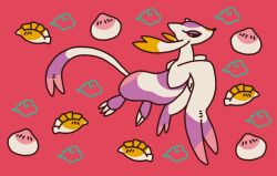  animal_focus baozi black_eyes claws closed_mouth clouds eyelashes food food_request mienshao no_humans pink_background pokemon pokemon_(creature) satsumapotato simple_background solo 