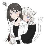  2girls animal_ears bang_dream! bang_dream!_it&#039;s_mygo!!!!! black_hair black_shirt blue_eyes blush cat_ears cat_girl cat_tail collarbone commentary_request cropped_torso heterochromia highres hug hug_from_behind idgukgu jacket kaname_rana kemonomimi_mode korean_commentary long_hair looking_at_viewer medium_hair mole mole_under_eye multiple_girls off-shoulder_shirt off_shoulder open_clothes open_jacket open_mouth parted_lips shiina_taki shirt shirt_under_shirt simple_background squiggle tail tank_top upper_body violet_eyes white_background white_hair white_jacket white_tank_top yellow_eyes yuri 