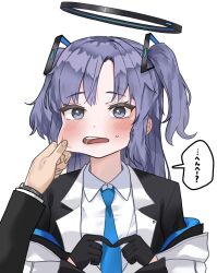  1girl 1other black_halo black_jacket blue_archive blue_eyes blue_hair blue_necktie blush cheek_pinching ear_blush embarrassed eyelashes fidgeting hair_ornament halo hand_on_another&#039;s_cheek hand_on_another&#039;s_face index_fingers_together jacket long_hair long_sleeves looking_at_viewer mechanical_halo multicolored_clothes multicolored_jacket necktie oddman1234 open_clothes open_jacket open_mouth pinching pov pov_hands sensei_(blue_archive) shirt simple_background speech_bubble sweat sweatdrop thick_eyelashes translated triangle_hair_ornament two-sided_fabric two-sided_jacket two-tone_jacket two_side_up upper_body watch watch white_background white_jacket white_shirt yuuka_(blue_archive) 