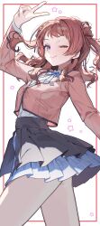  1girl arm_up black_skirt blue_eyes blue_ribbon blue_skirt blush closed_mouth commentary_request cropped_jacket gakuen_idolmaster hair_rings hanami_saki hatsuboshi_gakuen_school_uniform highres idolmaster jacket layered_skirt long_sleeves looking_at_viewer medium_hair neck_ribbon ningen_mame one_eye_closed pink_jacket redhead ribbon school_uniform shirt simple_background skirt smile solo thighs two_side_up white_background white_shirt 