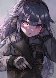  1girl absurdres ammunition_pouch blush earphones face_jewel gem gem_hair_ornament grey_hair gun highres holding holding_gun holding_weapon hololive hololive_english jacket jewel_under_eye koseki_bijou long_hair looking_at_viewer military military_jacket military_uniform multicolored_gemstone open_mouth pouch purple_hair soldier solo very_long_hair violet_eyes virtual_youtuber weapon white_jacket yeuyes 