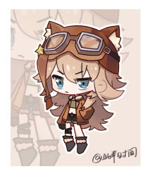  1girl 606_haochuangshangren :&lt; animal_ear_headwear artist_name aviator_cap black_footwear black_gloves blonde_hair blue_eyes boots brown_hat brown_jacket brown_shorts chibi full_body fur-trimmed_boots fur-trimmed_jacket fur-trimmed_shorts fur_trim gloves goggles goggles_on_headwear green_shirt hand_in_pocket hat jacket light_brown_background lilya_(reverse:1999) long_hair looking_at_viewer midriff reverse:1999 shirt shorts solo thigh_strap v-shaped_eyebrows zoom_layer 