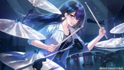  1girl bang_dream! bang_dream!_it&#039;s_mygo!!!!! belt black_hair black_shirt breast_pocket breasts brown_belt clenched_teeth comeo_(komeo15) copyright_notice drumsticks earrings floating_hair guest_art hair_between_eyes highres holding holding_drumsticks jacket jewelry light_particles long_hair medium_breasts mole mole_under_eye official_art open_clothes open_jacket open_mouth playing_drum pocket shiina_taki shirt sleeves_past_elbows solo sweat teeth violet_eyes white_jacket 