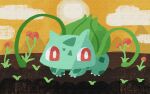  absurdres bright_pupils bulbasaur claws clouds coopoppo dirt faux_traditional_media garden highres no_humans no_mouth orange_sky plant pokemon pokemon_(creature) red_eyes sky solo sprout sun vines white_pupils 