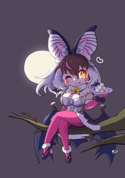  1girl animal_ears bat_ears bat_girl bat_wings brown_eyes brown_hair brown_long-eared_bat_(kemono_friends) elbow_gloves extra_ears full_moon gloves grey_hair heart highres kemono_friends kemono_friends_v_project leotard long_hair looking_at_viewer microphone moon mugise_hitsuji night night_sky one_eye_closed pantyhose shoes simple_background skirt sky solo virtual_youtuber wings 