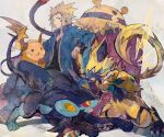 1boy blonde_hair blue_eyes electivire electricity gym_leader luxray male_focus pokemon pokemon_(creature) pokemon_(game) pokemon_dppt raichu sitting spiky_hair volkner_(pokemon) zeraora