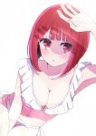  1girl absurdres arima_kana blush bob_cut breasts chouchou_aile highres inverted_bob navel oshi_no_ko red_eyes redhead short_hair simple_background solo swimsuit white_background white_swimsuit 