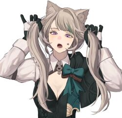  1girl animal_ears black_gloves black_shirt breasts brown_hair cat_ears facial_mark fangs genshin_impact gloves highres long_hair long_sleeves looking_at_viewer luminfch lynette_(genshin_impact) medium_breasts open_mouth shirt solo star_(symbol) star_facial_mark violet_eyes white_sleeves 