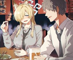  1boy 1girl animal_ear_fluff animal_ears beer_mug black_hair black_necktie blonde_hair blue_archive blue_halo blush breasts chair choko_(cup) chopsticks collared_shirt cup dog_ears dog_girl extra_ears food food_stand formal hair_over_one_eye halo highres holding holding_food holding_skewer kanna_(blue_archive) large_breasts long_hair long_sleeves looking_at_another loose_clothes loose_necktie loose_shirt meat mug necktie noren norinnn0 notched_ear plate police police_uniform policewoman sensei_(blue_archive) sharp_teeth shirt short_hair sidelocks sitting skewer smile table talking teeth wooden_table yatai 