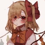  1girl blonde_hair blush bow bowtie closed_mouth collared_shirt flandre_scarlet hair_between_eyes hair_bow head_tilt looking_at_viewer medium_hair multicolored_wings no_headwear one_side_up puffy_short_sleeves puffy_sleeves red_bow red_eyes red_vest shirt short_sleeves simple_background solo touhou tsuyuji_shigure upper_body vest white_background white_shirt wings yellow_bow yellow_bowtie 