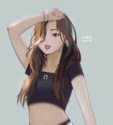  1girl adirosa artist_name_(singer) black_shirt bracelet brown_hair commentary crop_top earrings eyeliner eyeshadow gfriend hair_over_one_eye jewelry k-pop long_hair makeup open_mouth pink_nails real_life shirt simple_background solo song_name umji_(gfriend) upper_body 