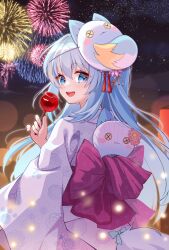  1girl :d aisu_(i_ce_pinon_pino) blue_eyes blue_hair candy candy_apple commission eyebrows_hidden_by_hair fireworks floral_print fluffy food hair_ornament hatsuse_nui highres holding holding_candy holding_food indie_virtual_youtuber japanese_clothes kimono long_hair looking_at_viewer mask mask_on_head night night_sky open_mouth red_ribbon ribbon skeb_commission sky smile solo tail teeth tongue upper_teeth_only virtual_youtuber yukata 