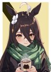  1girl ahoge alternate_costume animal_ears black_hair black_jacket blush coffee_mug commentary cup ear_piercing flower green_scarf hair_between_eyes hair_flower hair_ornament highres holding holding_cup horse_ears horse_girl jacket kama_o_nu long_bangs long_hair looking_at_viewer manhattan_cafe_(umamusume) mug piercing scarf smile solo umamusume upper_body white_hair yellow_eyes 