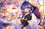  1girl absurdres ahoge aononchi blue_eyes blue_hair blue_nails bouquet bow bracelet braid cake cake_stand candy capelet chair chocolate cup cupcake dark_blue_hair double-parted_bangs dress feet_out_of_frame flower food frilled_dress frills fruit glass_teapot hair_bow hair_ornament highres hiiro_momiji holding holding_candy holding_food holding_lollipop holding_stuffed_toy indie_virtual_youtuber indoors jam jewelry leaf leaf_hair_ornament lollipop long_hair looking_at_viewer macaron maple_leaf multicolored_eyes multicolored_nails official_art orange_bow orange_eyes orange_flower orange_nails parted_lips plaid plaid_dress pom_pom_(clothes) pom_pom_hair_ornament purple_dress purple_flower ramekin red_flower sandwich saucer sitting smile strawberry string_of_flags stuffed_animal stuffed_cat stuffed_toy table tablecloth tea teacup teapot teaspoon tiered_tray twin_braids vase white_capelet window yellow_nails 