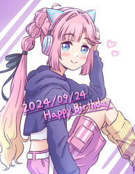  1girl ahoge akihitohappy animal_ear_headphones animal_ears anyoji_hime black_ribbon blonde_hair blue_eyes blunt_bangs blush cat_ear_headphones closed_mouth commentary_request cropped_hoodie cropped_shirt dated fake_animal_ears feet_out_of_frame gradient_hair hair_ribbon happy_birthday headphones heart highres hood hoodie link!_like!_love_live! long_hair long_sleeves looking_at_viewer love_live! midriff multi-tied_hair multicolored_hair official_alternate_costume pink_hair pink_shorts ponytail ribbon shirt shorts sidelocks sitting smile solo split_mouth swept_bangs virtual_youtuber white_background white_shirt 