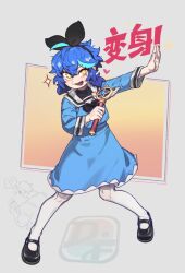  1girl blue_dress blue_hair dif_(difman) difman dress english_commentary grey_background henshin_pose highres holding holding_wand medium_hair original solo_focus sparkling_eyes translation_request wand yellow_eyes 