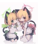  2girls animal_ear_headphones animal_ears animal_hands apron blonde_hair blue_archive blush bow cat_tail collared_shirt fake_animal_ears fox_kikumi frilled_apron frills gloves green_bow green_eyes green_halo green_necktie hair_bow halo headphones highres midori_(blue_archive) momoi_(blue_archive) multiple_girls necktie open_mouth paw_gloves pink_halo red_bow red_eyes red_necktie shirt short_hair siblings simple_background sisters tail thigh-highs twintails white_apron white_background white_gloves white_shirt white_thighhighs 