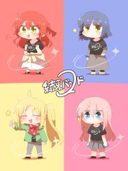  4girls :d ^_^ black_shirt blonde_hair blue_eyes blue_hair blush bocchi_the_rock! braid brown_jacket brown_skirt chibi clenched_hands closed_eyes clothes_around_waist cube_hair_ornament gotoh_hitori green_jacket grey_pants grey_skirt hair_ornament highres hood hood_down hooded_jacket ijichi_nijika jacket jacket_around_waist kita_ikuyo layered_sleeves long_hair long_sleeves multiple_girls one_side_up open_clothes open_jacket outstretched_arm pants pants_under_skirt pink_hair pink_pants pleated_skirt rebecca_(keinelove) redhead shirt short_over_long_sleeves short_sleeves side_ponytail skirt smile standing v very_long_hair white_skirt yamada_ryo yellow_eyes 