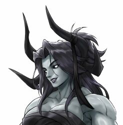  ash_(ripasher) black_hair black_lips breasts colored_sclera demon_girl demon_horns eyelashes grey_skin horns jamrolypoly large_breasts lips long_hair muscular_female original parted_bangs portrait shiny_hair smile tubetop white_eyes 