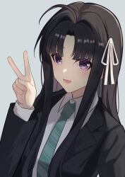  1girl :d absurdres ahoge awa_subaru black_hair black_jacket chinese_commentary collared_shirt commentary_request curtained_hair dress_shirt english_commentary formal girls_band_cry green_necktie grey_background hair_ribbon highres jacket jiabingkele long_hair long_sleeves looking_at_viewer mixed-language_commentary necktie open_mouth ribbon shirt sidelocks smile solo striped_necktie suit_jacket upper_body v violet_eyes white_ribbon white_shirt 