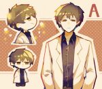  1boy ayin_(project_moon) black_hair black_shirt chibi closed_mouth coat collared_shirt expressionless lab_coat library_of_ruina lobotomy_corporation looking_at_viewer male_focus multiple_views project_moon shirt smile surumenabe upper_body white_coat wing_collar 