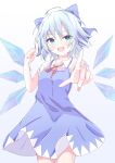 1girl absurdres blue_bow blue_dress blue_eyes blue_hair blush bow breasts cirno ciruciru0810 collared_shirt dress fairy hair_bow highres ice ice_wings looking_at_viewer open_mouth pointing pointing_at_viewer shirt short_hair simple_background small_breasts smile solo touhou wings