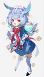  1girl animal_ears apron blue_dress blue_hair dress genshin_impact hair_ornament hat highres long_sleeves low_twintails nitenmanten0 open_mouth pom_pom_(clothes) pom_pom_hair_ornament red_ribbon ribbon sigewinne_(genshin_impact) solo twintails 