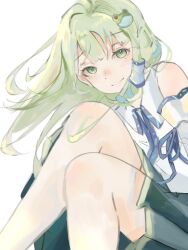  1girl bare_shoulders blue_skirt blush closed_mouth collared_shirt detached_sleeves frog_hair_ornament green_eyes green_hair hair_ornament hair_tubes kochiya_sanae long_hair looking_at_viewer ribbon saku_39_33 shirt simple_background single_hair_tube single_sidelock skirt smile snake_hair_ornament solo thighs touhou white_background 