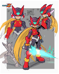  1boy absurdres armor black_eyes blonde_hair border copyright_name energy_sword english_commentary forehead_jewel full_body grey_background helmet highres holding holding_sword holding_weapon long_hair mega_man_(series) mega_man_zero_(series) multiple_views projectdivider red_armor red_helmet red_pupils simple_background sword upper_body weapon white_border zero(z)_(mega_man) zero_(mega_man) 