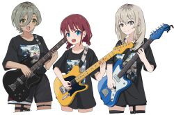  3girls bass_guitar black_nails black_shirt black_shorts black_thighhighs blue_eyes blush brown_hair censored closed_mouth collarbone commentary cowboy_shot cropped_legs earrings electric_guitar fender_jazzmaster fender_telecaster garter_straps girls_band_cry grey_eyes grey_hair guitar hair_between_eyes highres holding holding_guitar holding_instrument holding_plectrum instrument iseri_nina jewelry kawaragi_momoka long_hair long_hair_between_eyes low_twintails mole mole_under_eye mosaic_censoring multiple_girls nail_polish open_mouth playing_guitar plectrum red_nails redhead rupa_(girls_band_cry) sagittarius_(cruxhkg) shirt short_hair short_sleeves short_twintails shorts sidelocks simple_background smile teeth thigh-highs thigh_strap twintails upper_teeth_only white_background yellow_eyes 