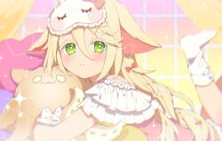  1girl animal_ears bare_shoulders blonde_hair blush bone_hair_ornament bow closed_mouth commission curtains frills green_eyes hair_between_eyes hair_bow hair_ornament heart long_hair looking_at_viewer lying mamyouda mask mask_on_head mayumi_(virtuareal) nijisanji on_stomach red_bow signature skeb_commission sleep_mask socks solo stuffed_toy virtual_youtuber virtuareal white_socks x_hair_ornament 