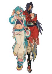  2girls bag baggy_pants bandages belt bikini black_hair blue_hair chest_sarashi choker crop_top down_jacket dramatical_murder genderswap genderswap_(mtf) gloves hair_between_eyes hair_over_one_eye headphones jacket japanese_clothes kimono koujaku long_hair looking_at_viewer low_rise_pants multiple_girls nitro+_chiral open_mouth pants red_eyes sarashi scar seragaki_aoba shoes shoulder_bag side-tie_bikini_bottom smile sneakers swimsuit tassel tattoo thong wushi_stoneee yellow_eyes 