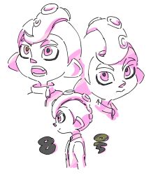  1boy closed_mouth hemosuke male_focus monochrome multiple_views octoling_boy octoling_player_character open_mouth pink_eyes pink_theme pointy_ears short_hair sketch smile splatoon_(series) splatoon_2 teeth white_background zipper_pull_tab 