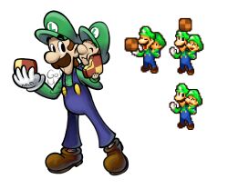  2boys artist_name baby baby_luigi blue_overalls boots brown_footwear brown_hair carrying checkerboard_cookie closed_eyes cookie dual_persona facial_hair food gloves goldmaster7 green_hat green_shirt hat highres holding holding_food luigi mario_&amp;_luigi:_partners_in_time mario_&amp;_luigi_rpg masanori_sato_(style) multiple_boys mustache overalls piggyback reference_inset shirt short_hair signature simple_background sprite super_mario_bros. white_background white_gloves 