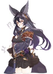  !? animal_ears ascot bags_under_eyes bare_shoulders black_hair book bow brown_ascot dau_58 ear_piercing erune flower granblue_fantasy highres holding holding_book long_hair looking_at_viewer nier_(granblue_fantasy) off_shoulder piercing purple_flower purple_rose red_eyes robe rose scrunchie wrist_scrunchie 