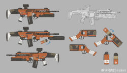  absurdres assault_rifle explosive genshin_impact grenade grenade_launcher grey_background gun highres howa_type_20 multiple_views no_humans reference_sheet rifle seallllion underbarrel_grenade_launcher weapon weapon_focus weibo_logo weibo_watermark 