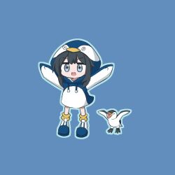  1girl animal_costume arms_up bird black_hair blue_background borrowed_character drawstring full_body gonzales_ito grey_eyes hood hood_up open_mouth original outline penguin penguin_costume shoes simple_background smile socks solo standing yellow_socks 