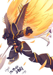  absurdres alphamon alphamon_ouryuuken armor artist_name black_armor cape digimon digimon_(creature) feathered_wings feathers halberd highres holding holding_polearm holding_weapon polearm simple_background solo twitter_username ukenya weapon white_background white_cape wings yellow_feathers yellow_wings 