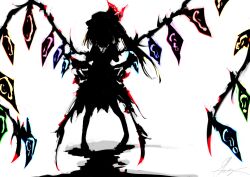  1girl absurdres bad_apple!! blonde_hair bow crystal_wings facing_viewer flandre_scarlet hat hat_bow highres nekoya_shiki_(cathouseshiki) shadow side_ponytail signature silhouette simple_background solo standing touhou white_background wings 