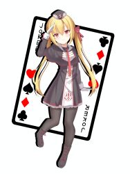  1girl absurdres arihara_nanami arm_at_side black_capelet black_dress black_footwear black_hat black_pantyhose blonde_hair blush boots capelet card closed_mouth commentary cross-laced_footwear dress drop_shadow eyes_visible_through_hair frilled_dress frills full_body garrison_cap gloves hair_between_eyes hair_ribbon hand_up hat highres hood hood_down hooded_capelet joker_(playing_card) koharuhinata long_hair long_sleeves looking_at_viewer low_twintails necktie pantyhose playing_card red_eyes red_necktie red_ribbon ribbon riddle_joker salute short_dress sidelocks simple_background smile solo split_mouth standing twintails very_long_hair white_background white_gloves 