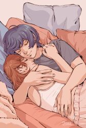  1boy 1girl artist_name bare_arms bare_shoulders black_shirt blue_hair brown_hair camisole closed_eyes closed_mouth couple crop_top cuddling dated earrings english_commentary heads_together highres hug jewelry lying on_back on_side paaaatchieee persona persona_3 persona_3_reload pillow pink_shorts shirt short_hair short_sleeves shorts signature smile spaghetti_strap stud_earrings takeba_yukari upper_body white_camisole yuuki_makoto_(persona_3) 