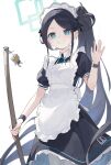  &lt;key&gt;_(robot)_(blue_archive) 1girl absurdres alternate_costume apron aris_(blue_archive) aris_(maid)_(blue_archive) black_dress black_hair blue_archive blue_eyes cowboy_shot dress enmaided green_halo halo hand_up highres long_hair maid maid_apron maid_headdress official_alternate_costume one_side_up puffy_short_sleeves puffy_sleeves short_sleeves simple_background solo white_apron white_background zombie_ke 