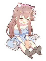  1girl :d animal_ear_hairband animal_ears black_footwear blue_dress blush boots brown_hair cat cat_ear_hairband cat_ears closed_eyes commentary_request dress fake_animal_ears frilled_dress frills full_body hairband high_heel_boots high_heels hololive hololive_grand_theft_auto ishida_aya long_hair mixed-language_commentary simple_background sitting smile solo strapless strapless_dress tokino_sora virtual_youtuber white_background 