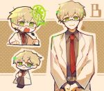  1boy belt benjamin_(project_moon) black_footwear black_pants black_shirt brown_belt closed_mouth coat collared_shirt glasses green_eyes lab_coat lobotomy_corporation lobotomy_corporation_logo long_hair long_sleeves looking_at_viewer microphone multiple_views necktie pants project_moon red_necktie shirt shoes smile surumenabe white_coat white_hair wing_collar 