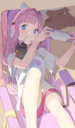  1girl :3 absurdres animal_ear_headphones animal_ears anyoji_hime blonde_hair blue_eyes blunt_bangs blurry blurry_background breasts cat_ear_headphones chair closed_mouth commentary_request dress drinking drinking_straw drinking_straw_in_mouth fake_animal_ears feet_out_of_frame gaming_chair gradient_hair hair_down hair_intakes handheld_game_console headphones highres holding holding_handheld_game_console jacket link!_like!_love_live! long_hair looking_at_viewer loungewear love_live! medium_breasts milk_carton multicolored_hair official_alternate_costume official_alternate_hairstyle on_chair pink_hair pink_headphones pink_jacket pink_shorts shirt short_shorts short_sleeves shorts sidelocks sitting smile solo sunkeun swept_bangs swivel_chair t-shirt unworn_dress unworn_jacket very_long_hair virtual_youtuber white_shirt 